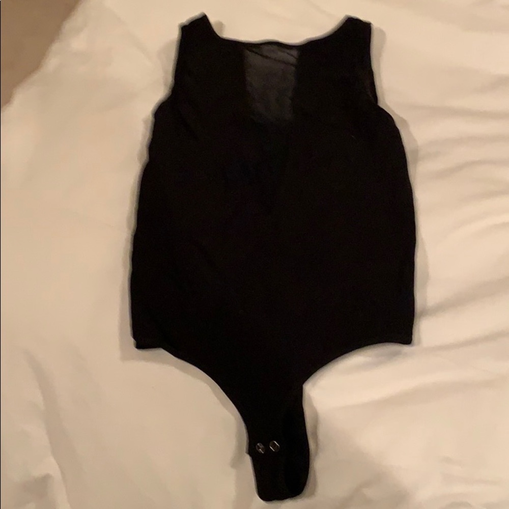 BEBE black bodysuit with net v-neck collar, SMALL
